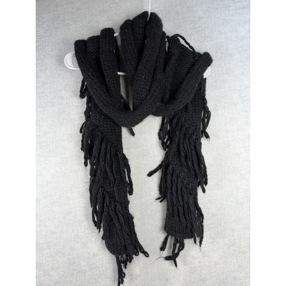 UGG Black Knit Long Scarf Ribbed Wool Blend Winter Wrap Dramatic Fringe 90” Long